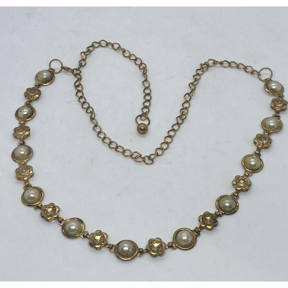 Fashion Gold Metal 34” Chain Necklace Plastic White Beads Rhinestones Estate - Picture 10 of 10